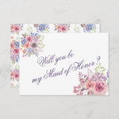 Fleur sauvage bleu et violet carte "Maid of Honor? (Devant / Derrière)