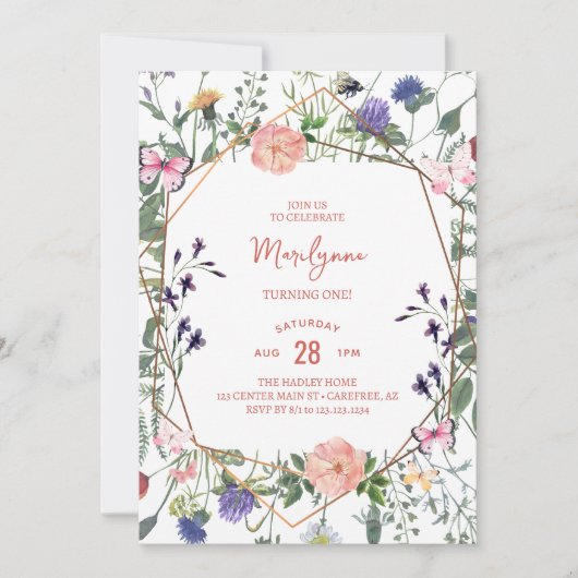 Fleur sauvage Boho 1er anniversaire Invitation (Devant)