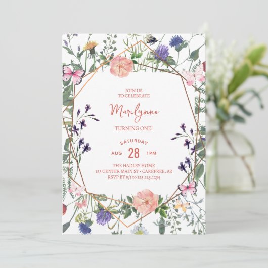 Fleur sauvage Boho 1er anniversaire Invitation (Debout devant)