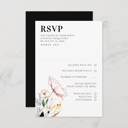 Fleur sauvage Boho Black Elegant Wedding RSVP (Devant / Derrière)