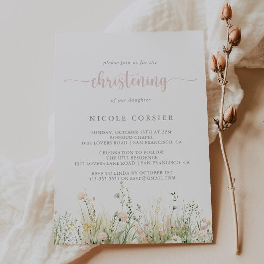 Fleur sauvage Boho verdure Invitation Christening