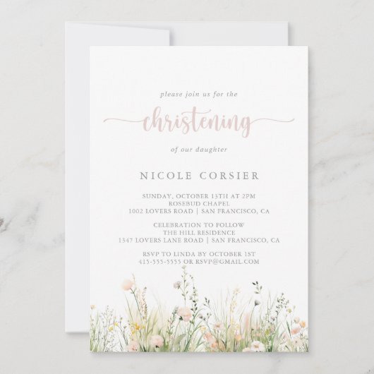 Fleur sauvage Boho verdure Invitation Christening (Devant)