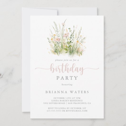 Fleur sauvage Boho verdure Invitation de fête d'an (Devant)