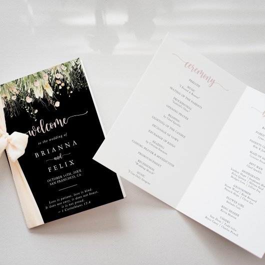 Fleur sauvage Boho vert Noir Programme de mariage 