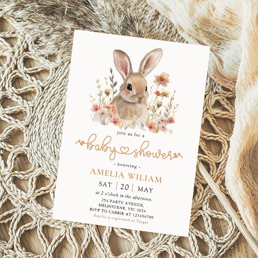 Fleur sauvage Bunny Girl Baby shower Invitation