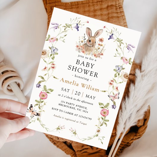 Fleur sauvage Bunny Rabbit Baby shower Invitation