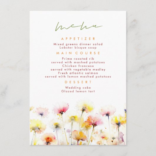 Fleur sauvage coloré Elégant Menu Mariage (Devant)
