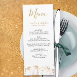 Fleur sauvage Croquis Floral or Blanc Mariage Menu<br><div class="desc">Menu mariage fleur sauvage avec typographie manuscrite en blanc et or. Le modèle est configuré pour vous permettre de personnaliser avec votre menu ou vos options de repas. Ce design botanique délicat présente une bordure florale simple de fleurs sauvages d'or, en ligne dorée esquissée. Veuillez parcourir ma collection Sketch Fleur...</div>
