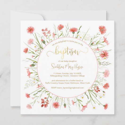 Fleur sauvage de corail Baptême Faire-part Gold Po (Devant)