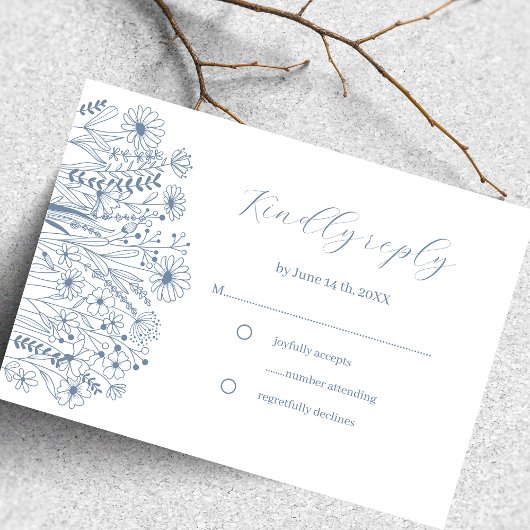 Fleur sauvage Elegant Boho Dusty Blue Wedding RSVP