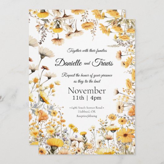 fleur sauvage faire-part de mariage jaune (Devant / Derrière)