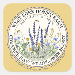 Fleur sauvage Miel Étiquette avec abeilles pointil