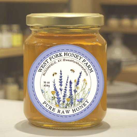 Fleur sauvage Miel Étiquette avec abeilles pointil