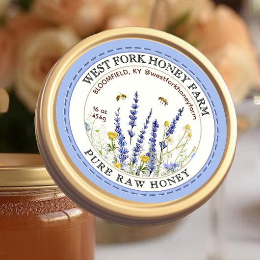 Fleur sauvage Miel Étiquette avec abeilles pointil