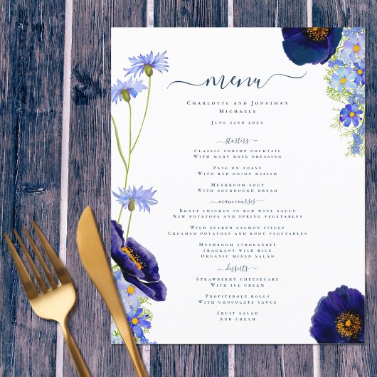 Fleur sauvage moderne Blue Boho Mariage Menu