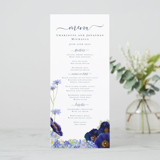 Fleur sauvage moderne Blue Boho Mariage Menu (Debout devant)