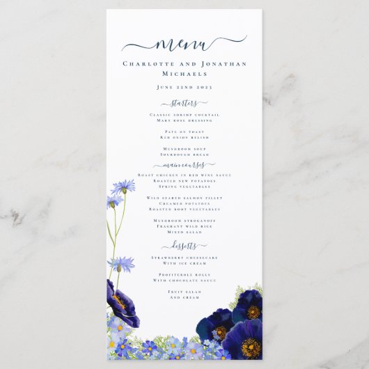 Fleur sauvage moderne Blue Boho Mariage Menu (Devant)