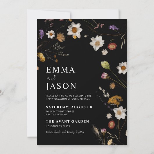 Fleur sauvage noir Boho Faire-part de mariage (Devant)