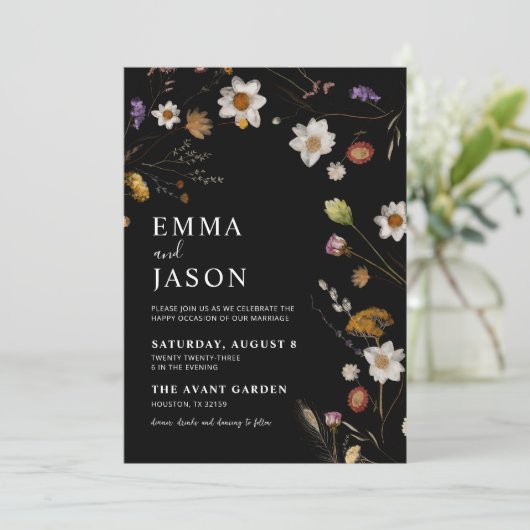 Fleur sauvage noir Boho Faire-part de mariage (Debout devant)