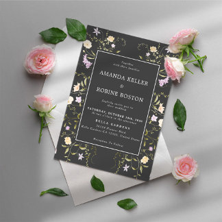 Fleur sauvage noir Elegant Mariage Invitation