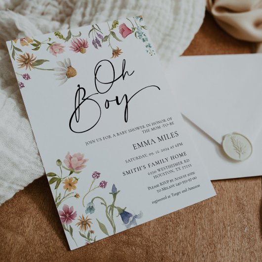 Fleur sauvage Oh Boy Baby shower Invitation