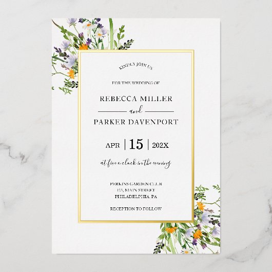 Fleur sauvage or élégant Mariage invitation (Recto)