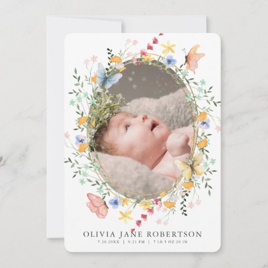Fleur sauvage Papillon fille Faire-part de naissan (Devant)