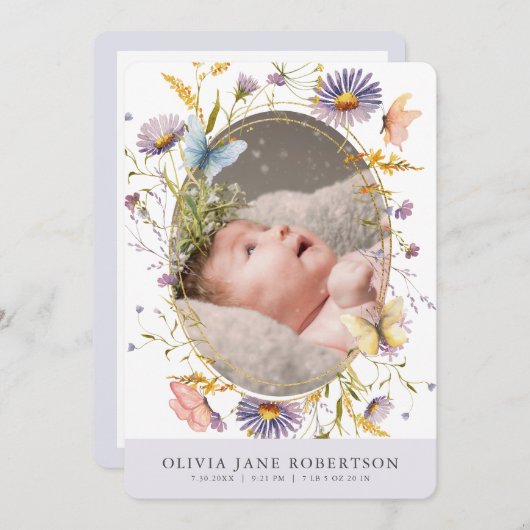 Fleur sauvage Papillon PPL Faire-part de naissance (Devant / Derrière)