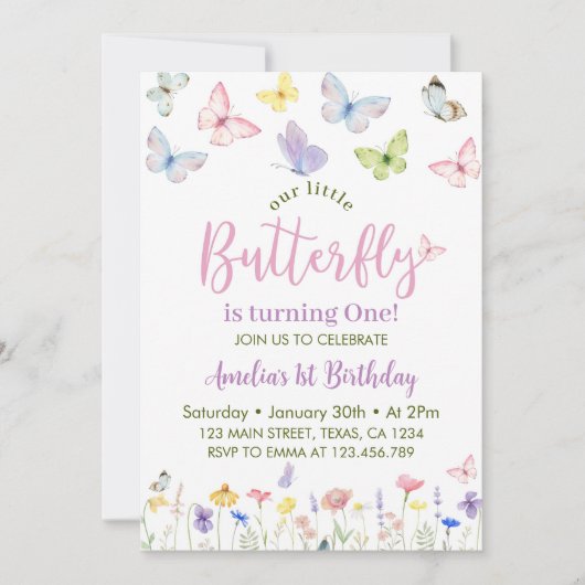 Fleur sauvage papillon première invitation anniver (Devant)