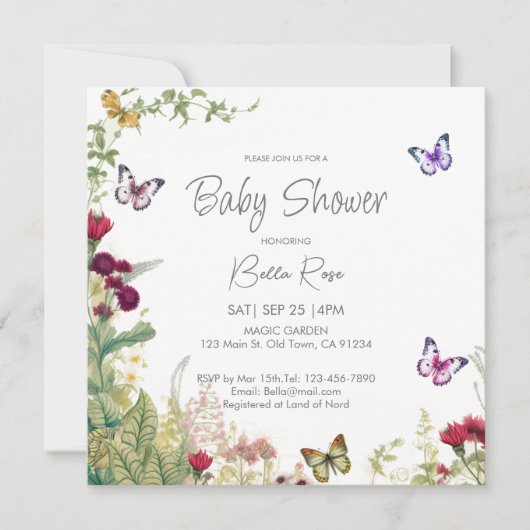 Fleur sauvage Papillons Baby shower Invitation (Devant)
