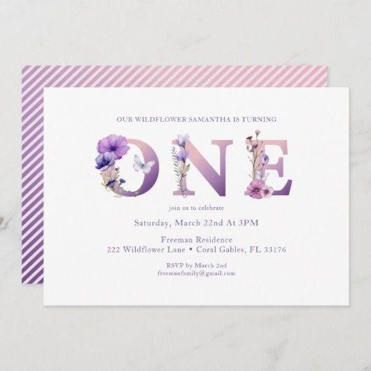 Fleur sauvage Premier anniversaire Invitation de f (Devant / Derrière)