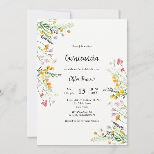 Fleur sauvage Quinceañera élégante invitation (Devant)