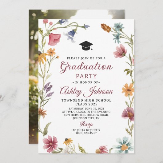 Fleur sauvage Red Graduation Invitation Faire-part (Devant / Derrière)