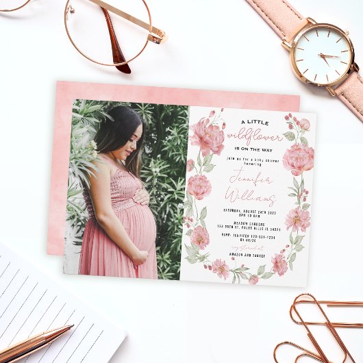 Fleur sauvage rose baby shower photo invitation