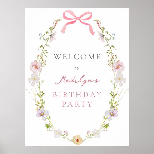 Fleur sauvage rose Bow Anniversaire fille Affiche  (Devant)
