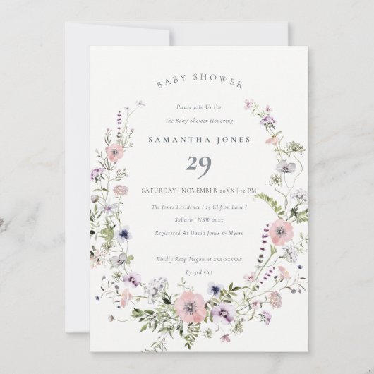 Fleur sauvage rose Lilac Baby shower Invitation (Devant)