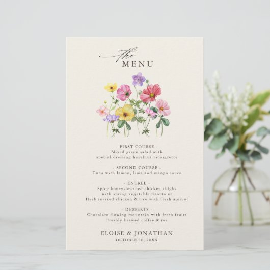Fleur sauvage Rustic Chic Floral Boho Mariage Menu (Debout devant)