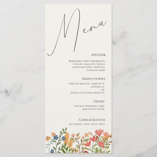 Fleur sauvage Script Menu Mariage moderne (Devant)