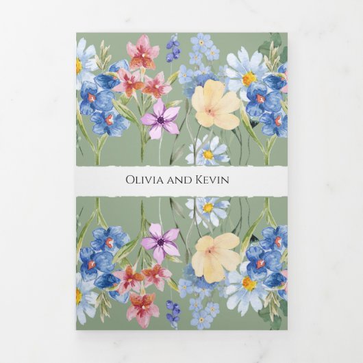 Fleur sauvage vert Sage triple Faire-part de maria (Page de couverture)