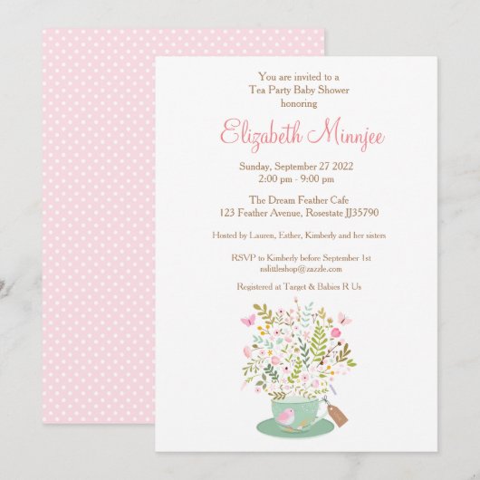 Fleur Tea party Baby shower invitation couleur ros (Devant / Derrière)