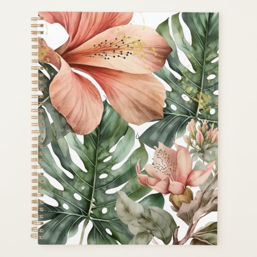 Fleur tropicale de jungle aquarelle vert pêche or  (Devant)