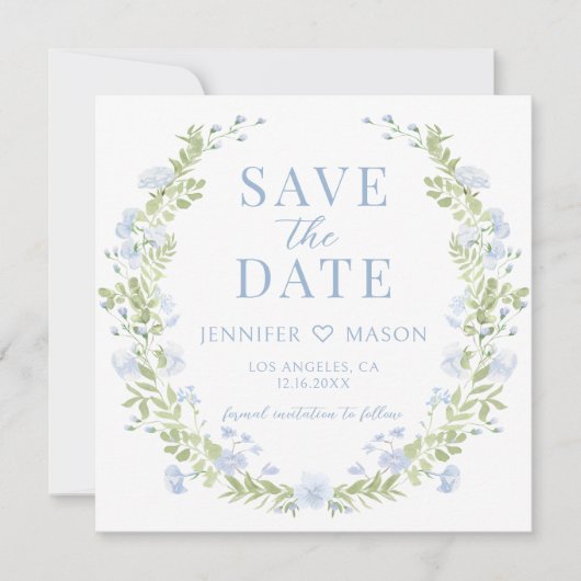 Fleur vert bleu Enregistrer la date invitation pho (Devant)