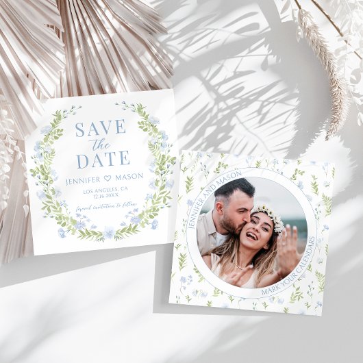 Fleur vert bleu Enregistrer la date invitation pho