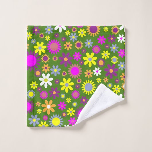 Fleur vert des années 60 Jaune jaune violet design (Gant de toilette)