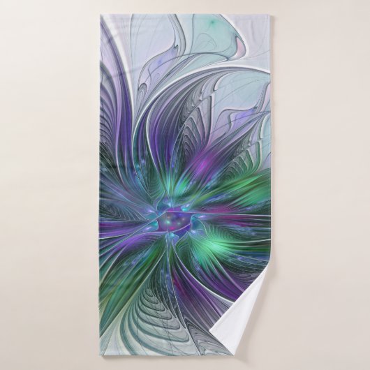 Fleur verte abstraite moderne d'art fractal violet (Serviette de bain)
