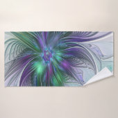 Fleur verte abstraite moderne d'art fractal violet (Serviette de bain)