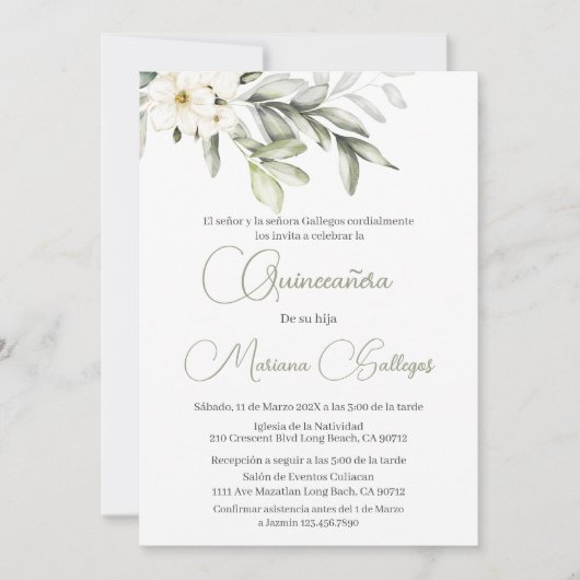 Fleur verte et blanche Quinceanera invitation (Devant)