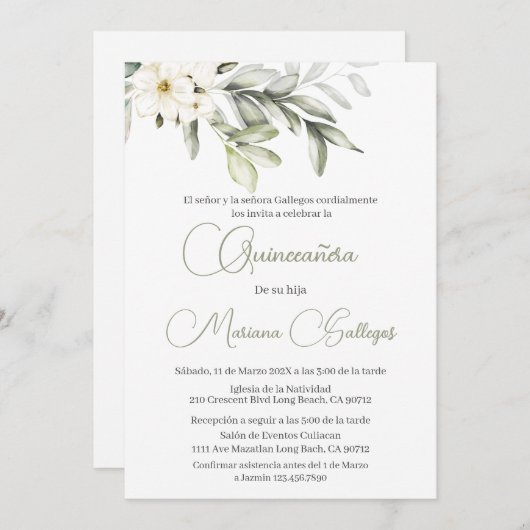 Fleur verte et blanche Quinceanera invitation (Devant / Derrière)