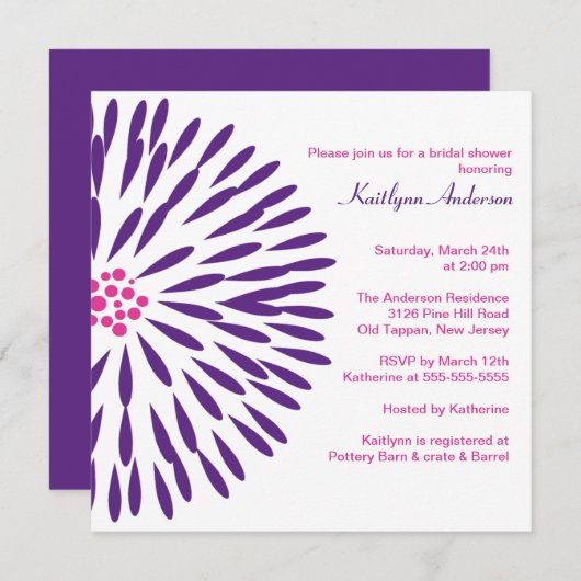 Fleur violette sur invitation de douche nuptiale b (Devant / Derrière)