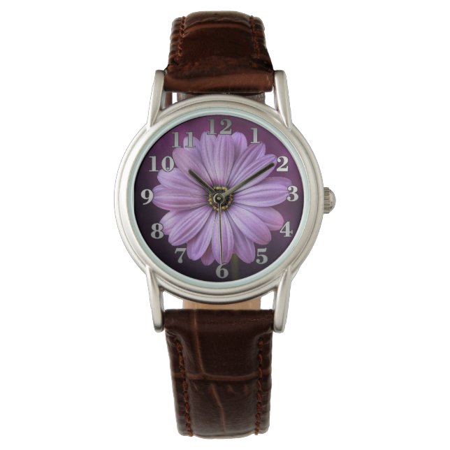 Fleur violette Vintage noir Montre en cuir (devant)